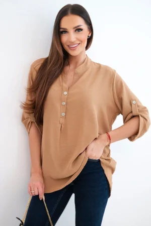 Елегантна риза с по-дълга задна част – Бежов – 37940