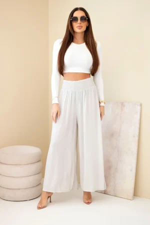 Елегантни дамски панталони от вискоза с ластик на талията – Бежов – 37951