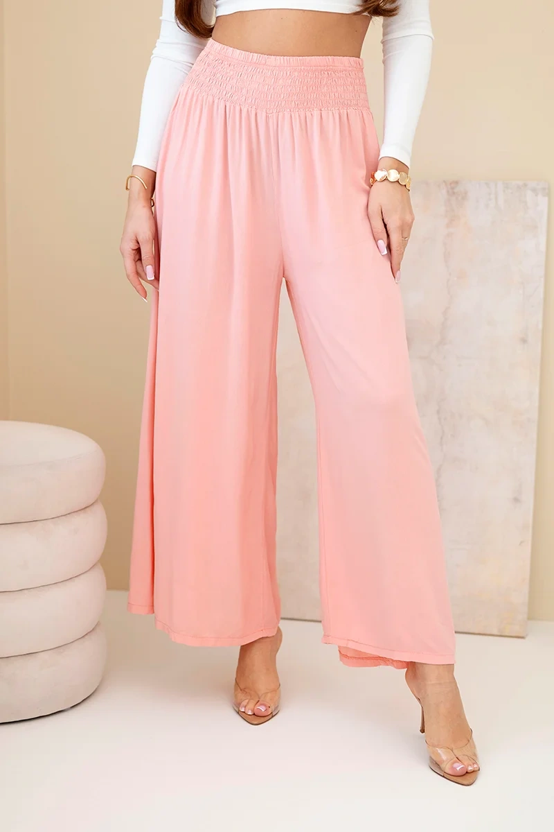 Ефирни дамски панталони от вискоза с ластична талия – Прасковен – 37952