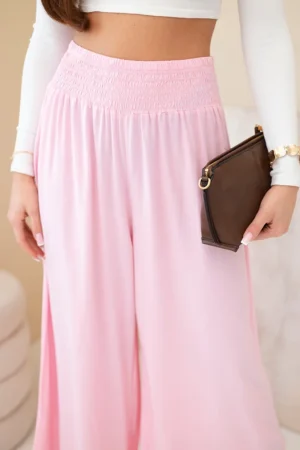 Стилни дамски панталони от вискоза с ластик на талията – Светло розов – 37955