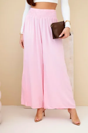 Стилни дамски панталони от вискоза с ластик на талията – Светло розов – 37955