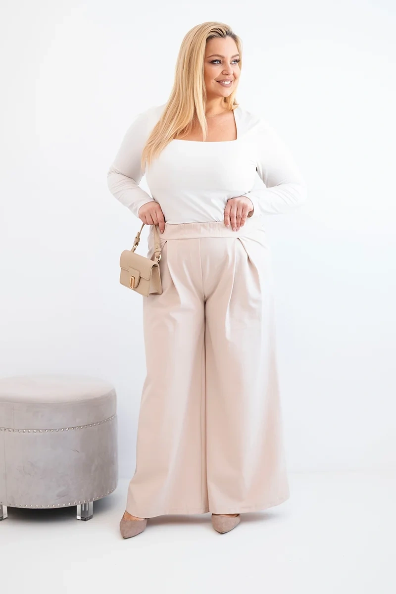 Plus Size women's pants with wide legs and pleats beige-2