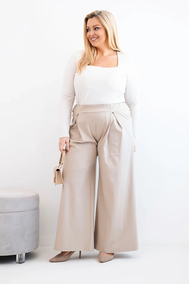 Plus Size women's trousers with wide legs and pleating dark beige-2