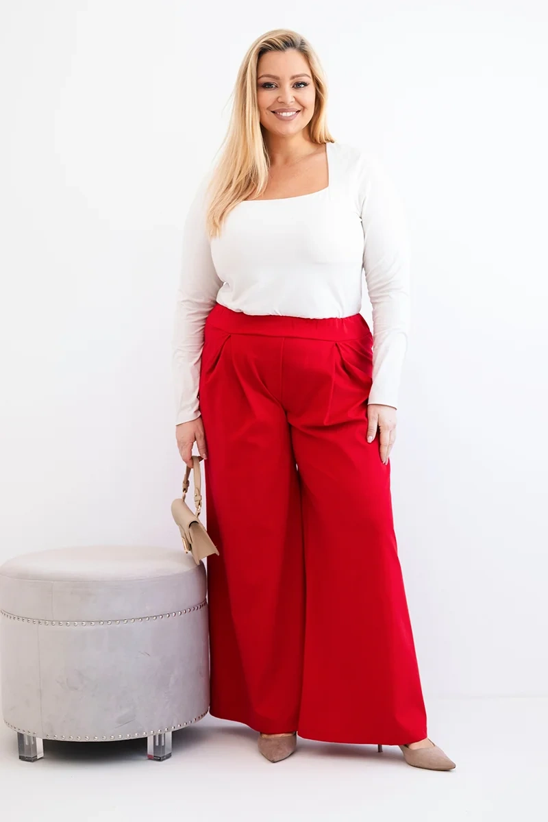 Plus Size women's trousers with wide legs and pleating red-2