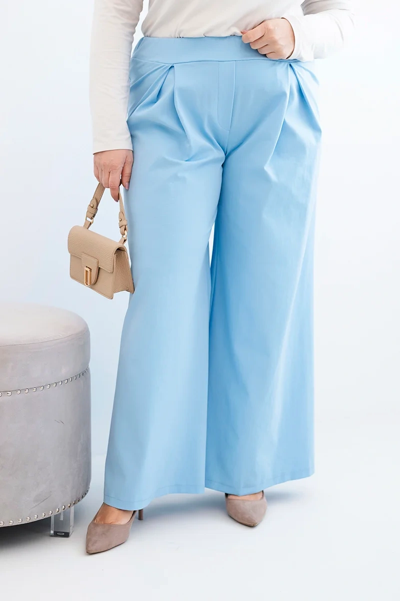 Елегантни дамски панталони с широки крачоли Plus Size – Син – 37968