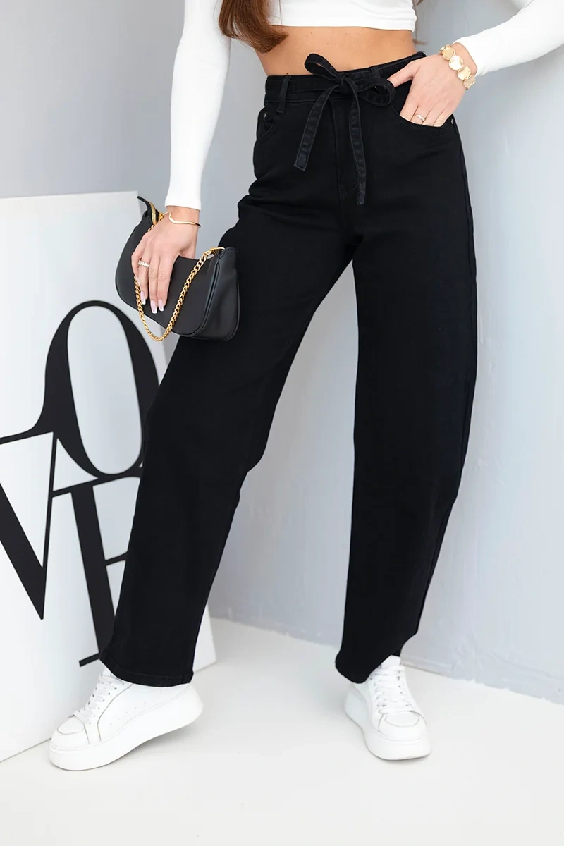 Women's high-waisted jeans pants with a belt black-2