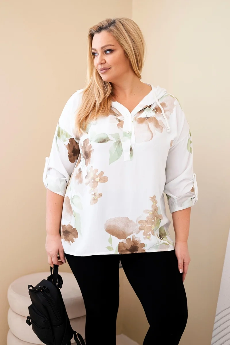 Women's Plus Size viscose blouse with a hood and floral pattern white-2