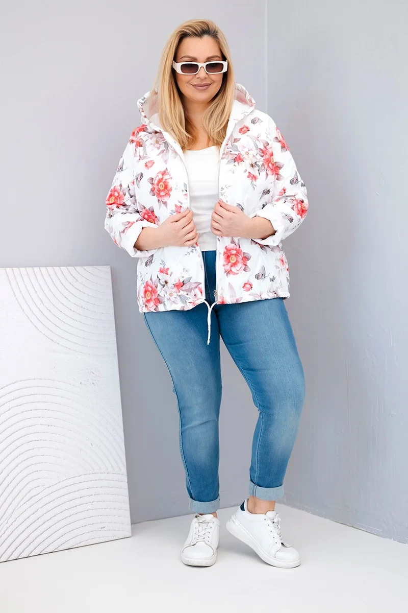 Women's spring quilted Plus Size jacket with a hood and floral pattern white-2