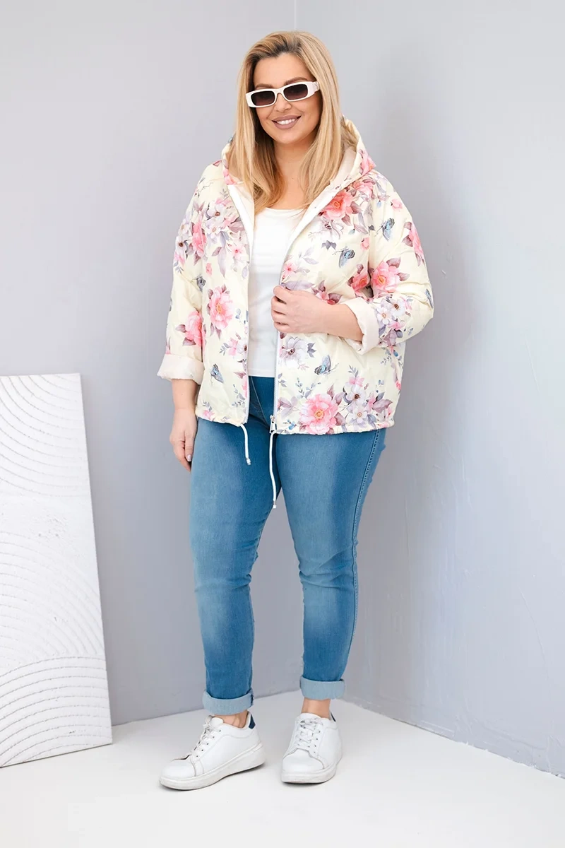 Plus Size women's spring quilted jacket with a hood and floral pattern yellow-2
