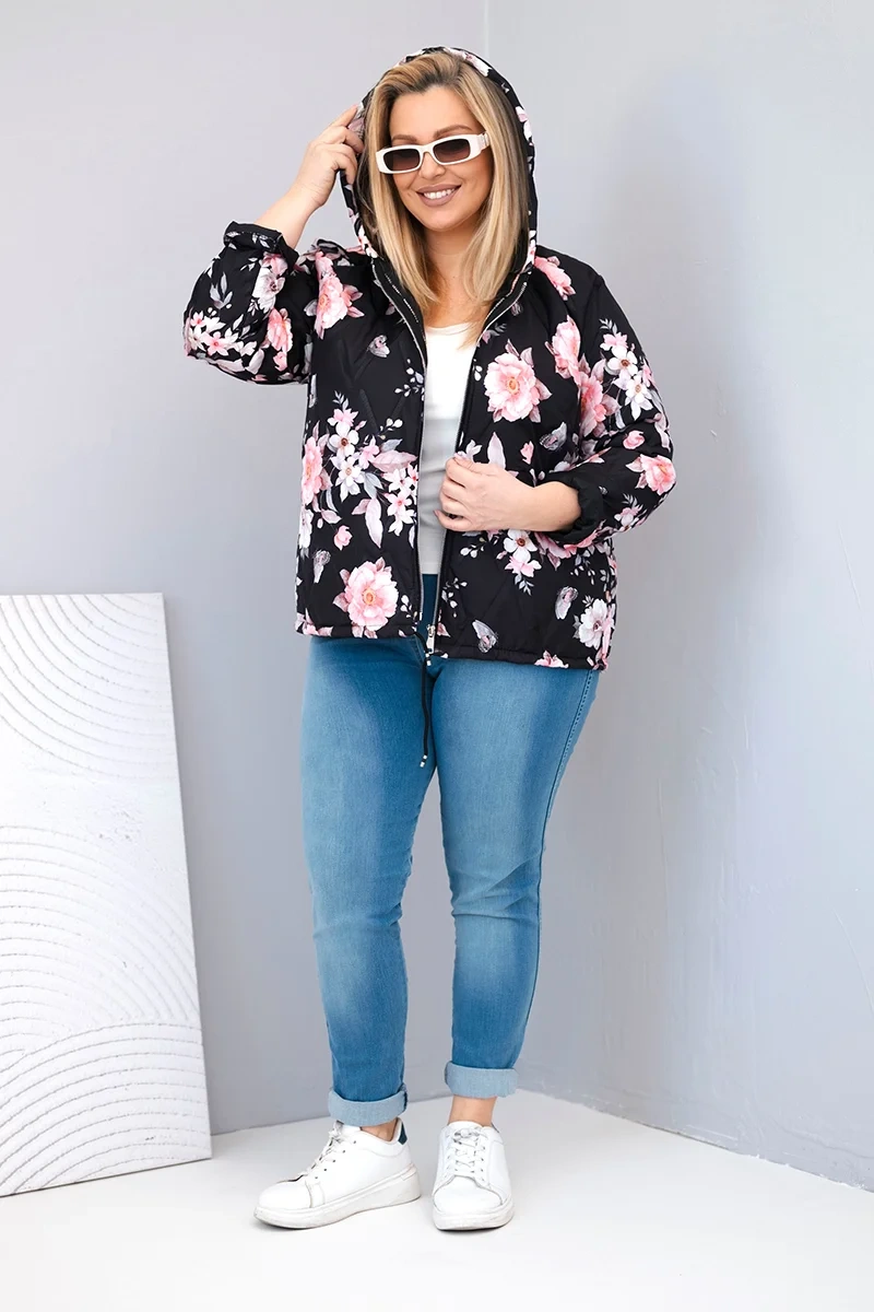 Plus Size women's spring quilted jacket with a hood and floral pattern black-2