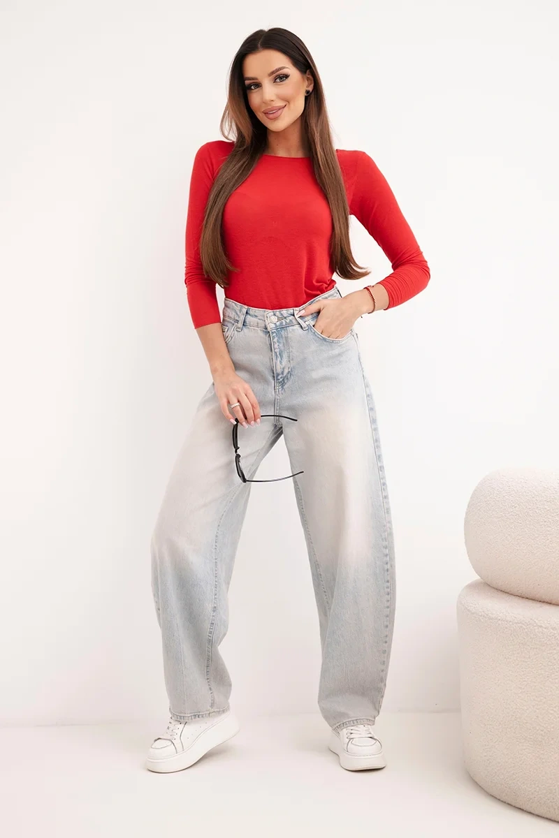 Women's cashmere blouse with a round neckline and long sleeves red-2