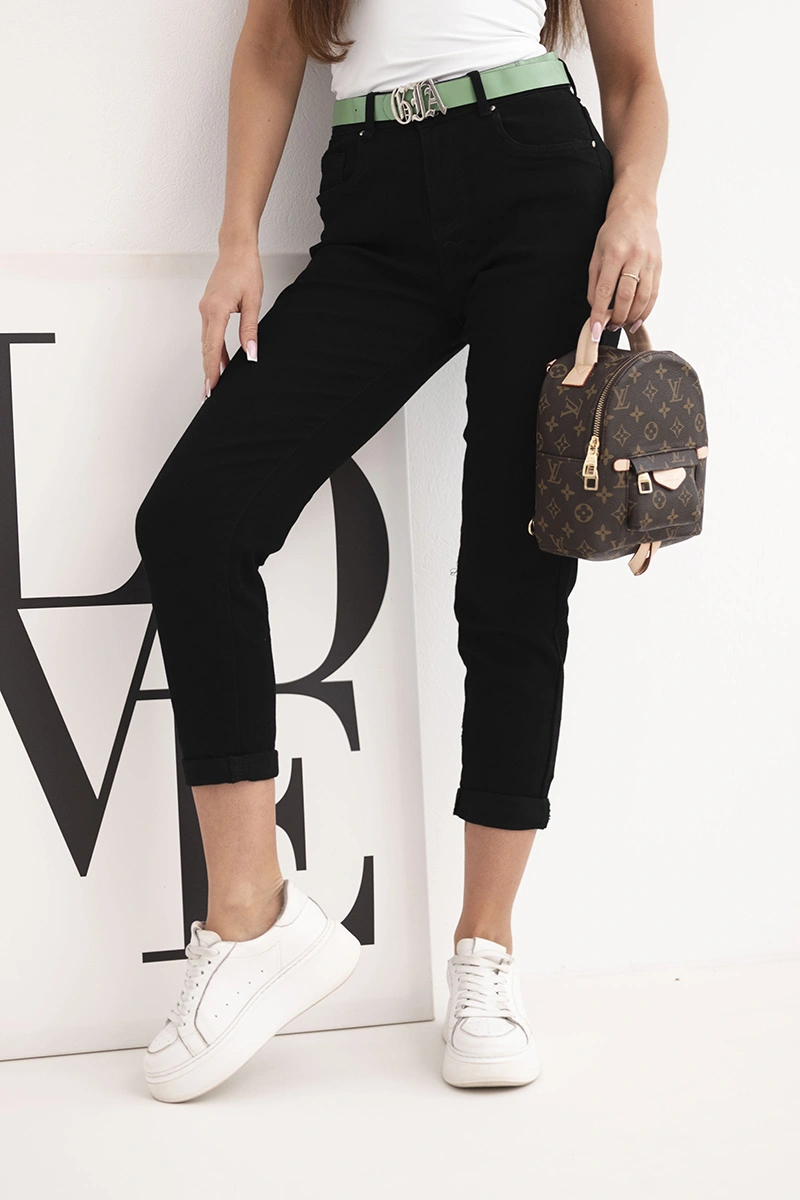 Стилни дамски дънки с висока талия и зелен колан – Черен – 196